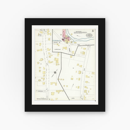 Old map wall art mockup — black gallery frame with white mat — Sanborn Fire Insurance Map from Uxbridge, Worcester County, Massachusetts (1909), Sheet #0005