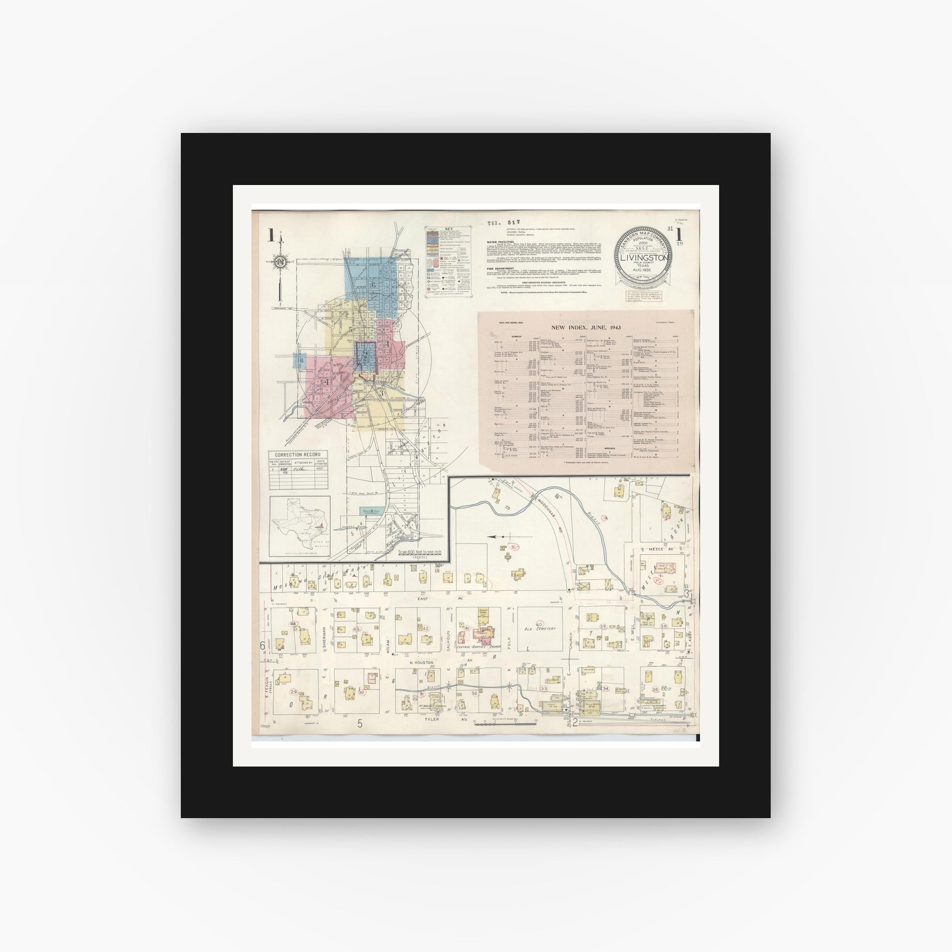 Old map wall art mockup — black gallery frame with white mat — Sanborn Fire Insurance Map from Livingston, Polk County, Texas (1943), Sheet #0001