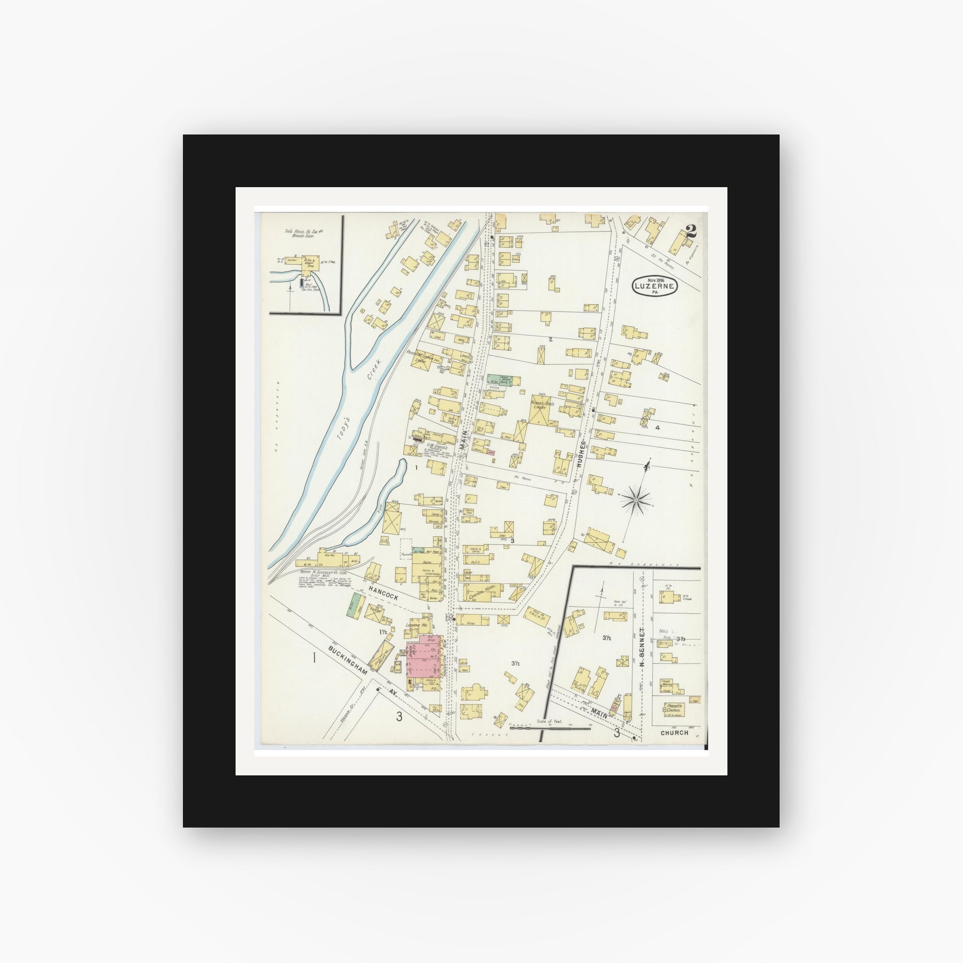 Old map wall art mockup — black gallery frame with white mat — Sanborn Fire Insurance Map from Luzerne, Luzerne County, Pennsylvania (1896), Sheet #0002