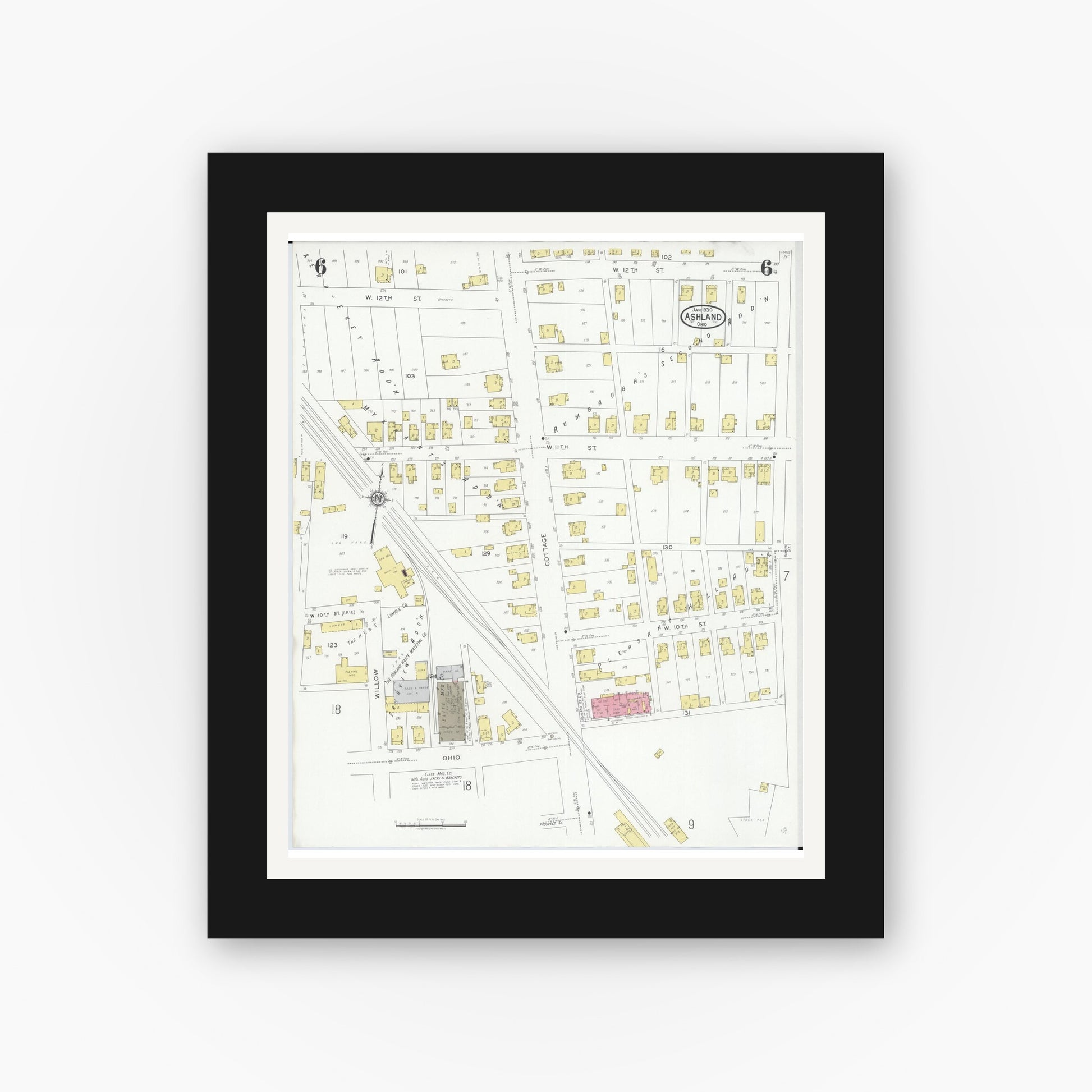 Old map wall art mockup — black gallery frame with white mat — Sanborn Fire Insurance Map from Ashland, Ashland County, Ohio (1930), Sheet #0006