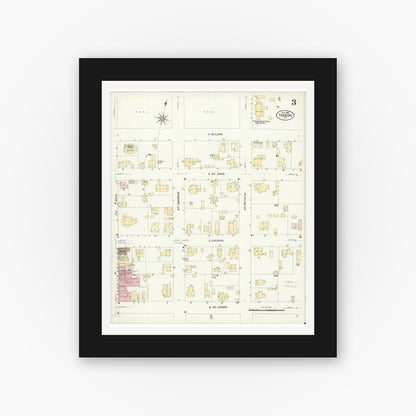 Old map wall art mockup — black gallery frame with white mat — Sanborn Fire Insurance Map from Tarboro, Edgecombe County, North Carolina (1908), Sheet #0003