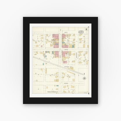 Old map wall art mockup — black gallery frame with white mat — Sanborn Fire Insurance Map from Bourbon, Marshall County, Indiana (1905), Sheet #0003