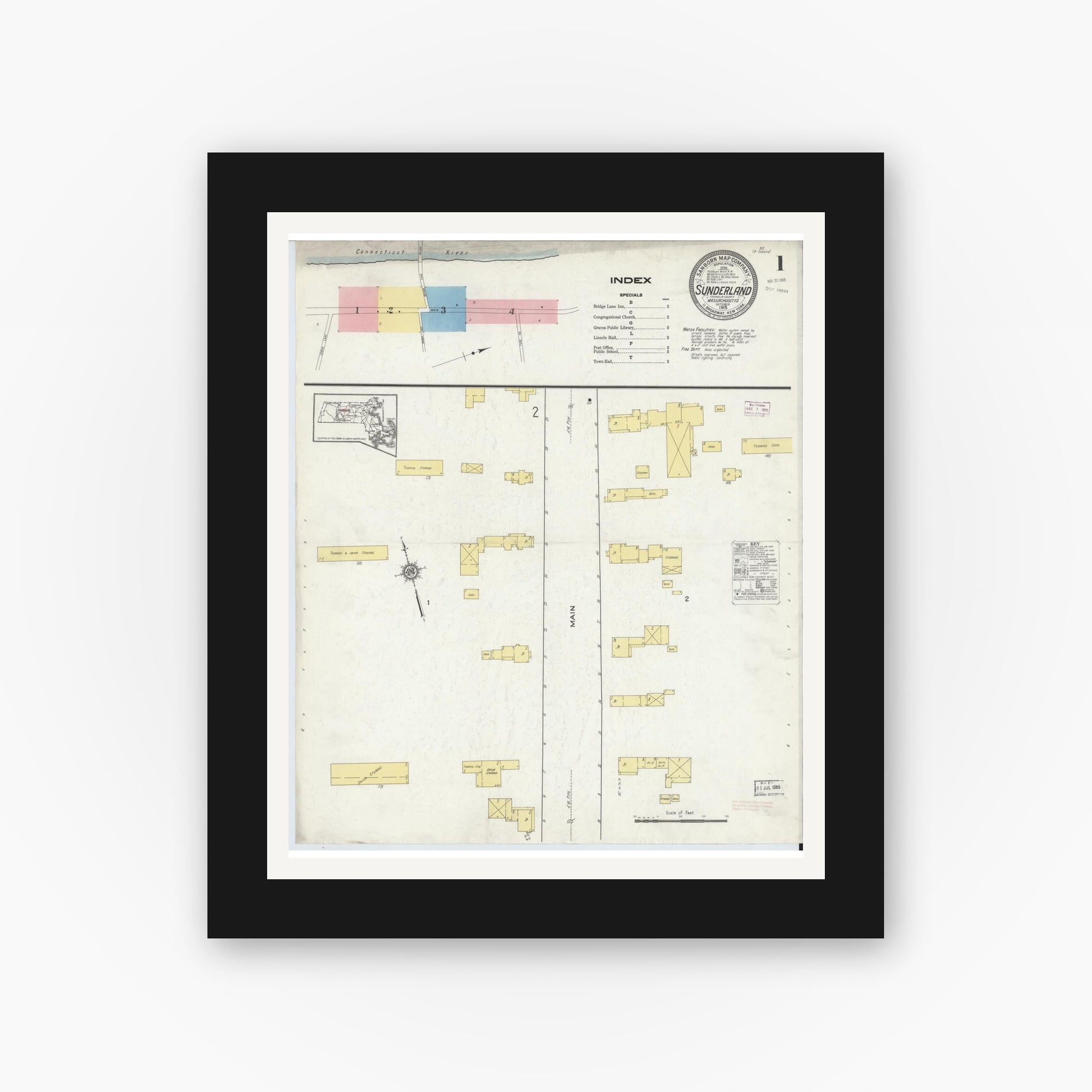 Old map wall art mockup — black gallery frame with white mat — Sanborn Fire Insurance Map from Sunderland, Franklin County, Massachusetts (1915) - Complete Map Set