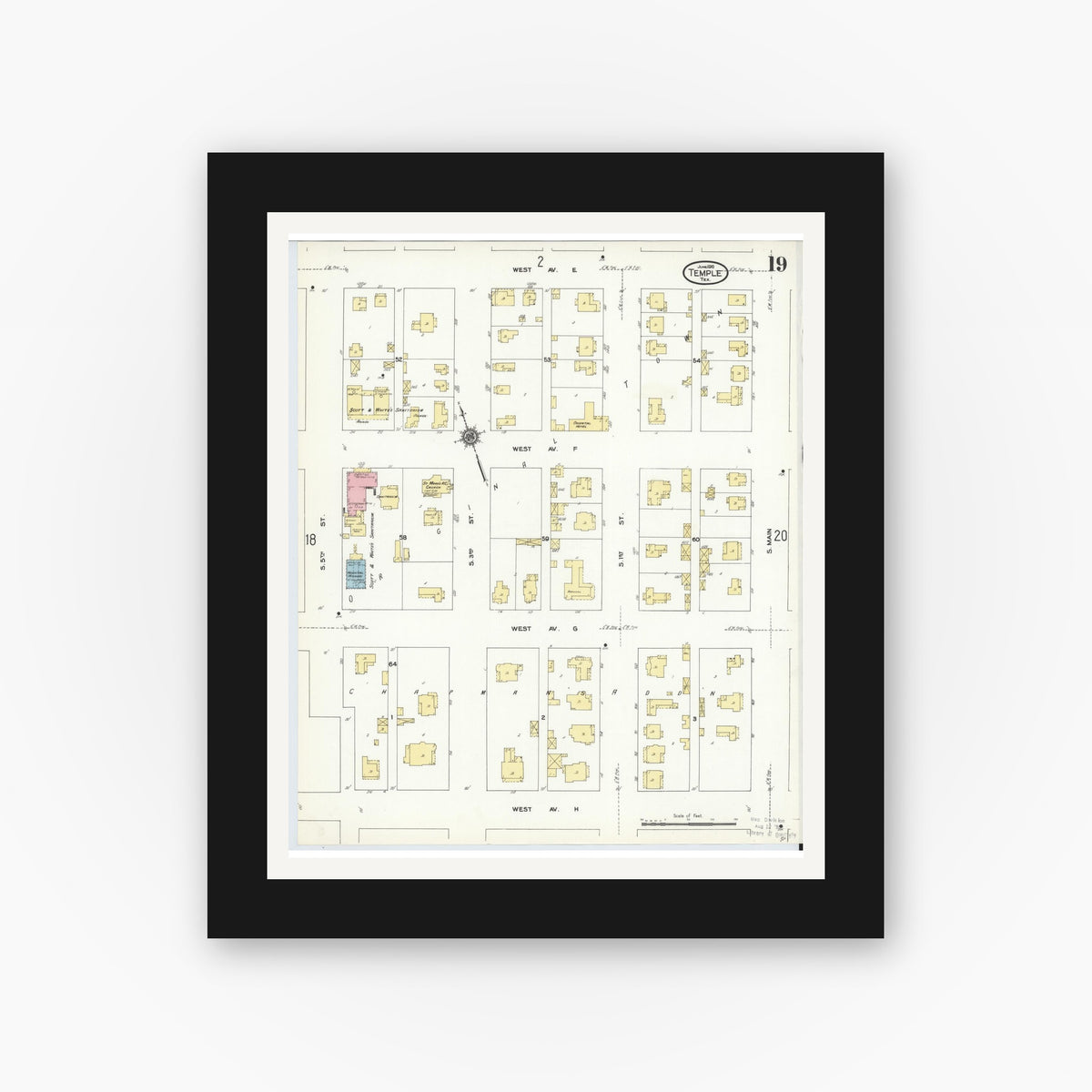 Old map wall art mockup — black gallery frame with white mat — Sanborn Fire Insurance Map from Temple, Bell County, Texas (1910), Sheet #0019
