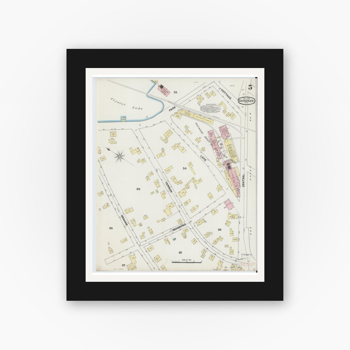 Old map wall art mockup — black gallery frame with white mat — Sanborn Fire Insurance Map from Gardner, Worcester County, Massachusetts (1889), Sheet #0005