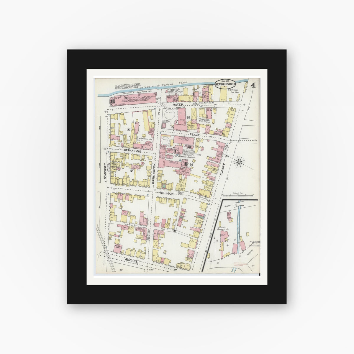 Old map wall art mockup — black gallery frame with white mat — Sanborn Fire Insurance Map from New Brunswick, Middlesex County, New Jersey (1892), Sheet #0004