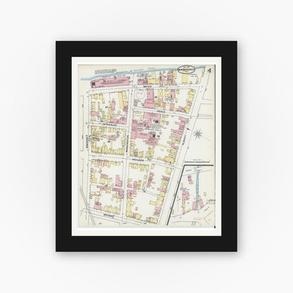 Old map wall art mockup — black gallery frame with white mat — Sanborn Fire Insurance Map from New Brunswick, Middlesex County, New Jersey (1892), Sheet #0004