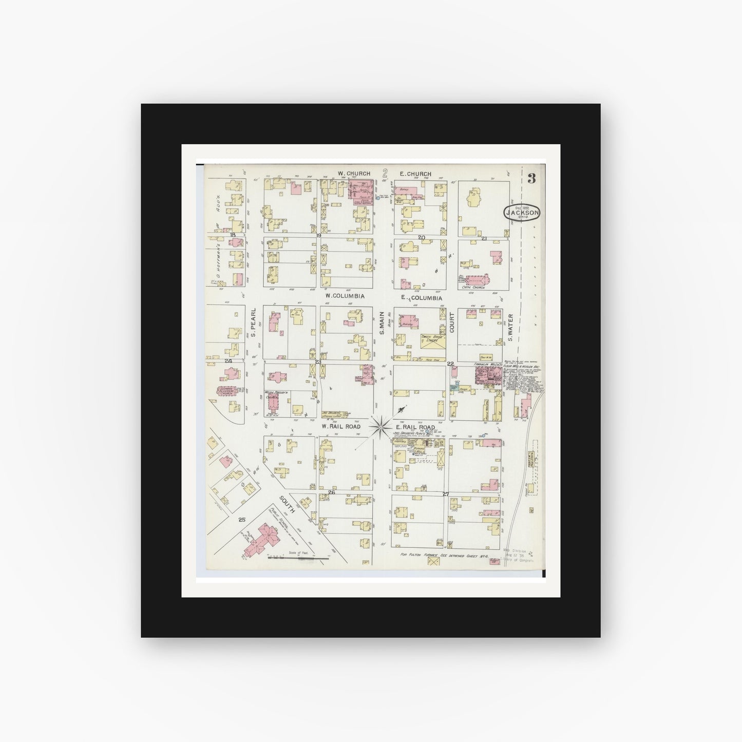 Old map wall art mockup — black gallery frame with white mat — Sanborn Fire Insurance Map from Jackson, Jackson County, Ohio (1892), Sheet #0003