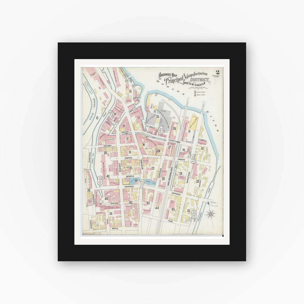 Old map wall art mockup — black gallery frame with white mat — Sanborn Fire Insurance Map from Cohoes, Albany County, New York (1896), Sheet #0002