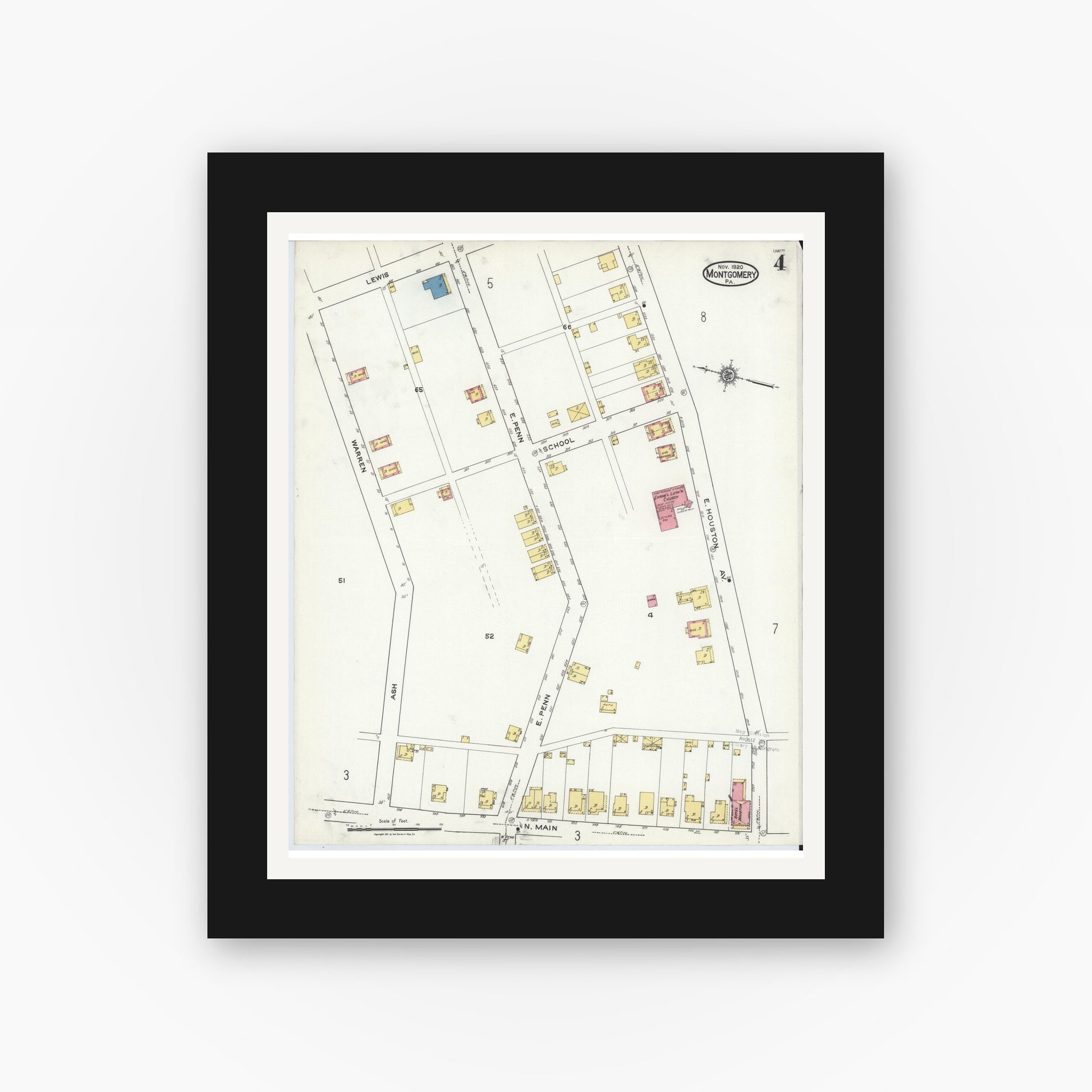 Old map wall art mockup — black gallery frame with white mat — Sanborn Fire Insurance Map from Montgomery, Lycoming County, Pennsylvania (1920), Sheet #0004
