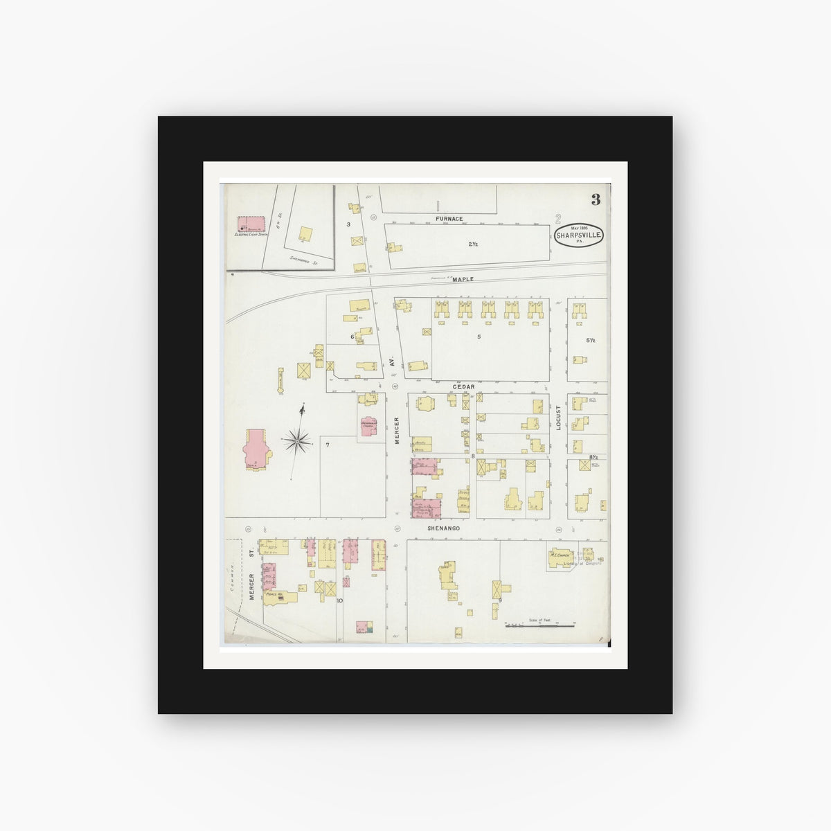 Old map wall art mockup — black gallery frame with white mat — Sanborn Fire Insurance Map from Sharpsville, Mercer County, Pennsylvania (1895), Sheet #0003