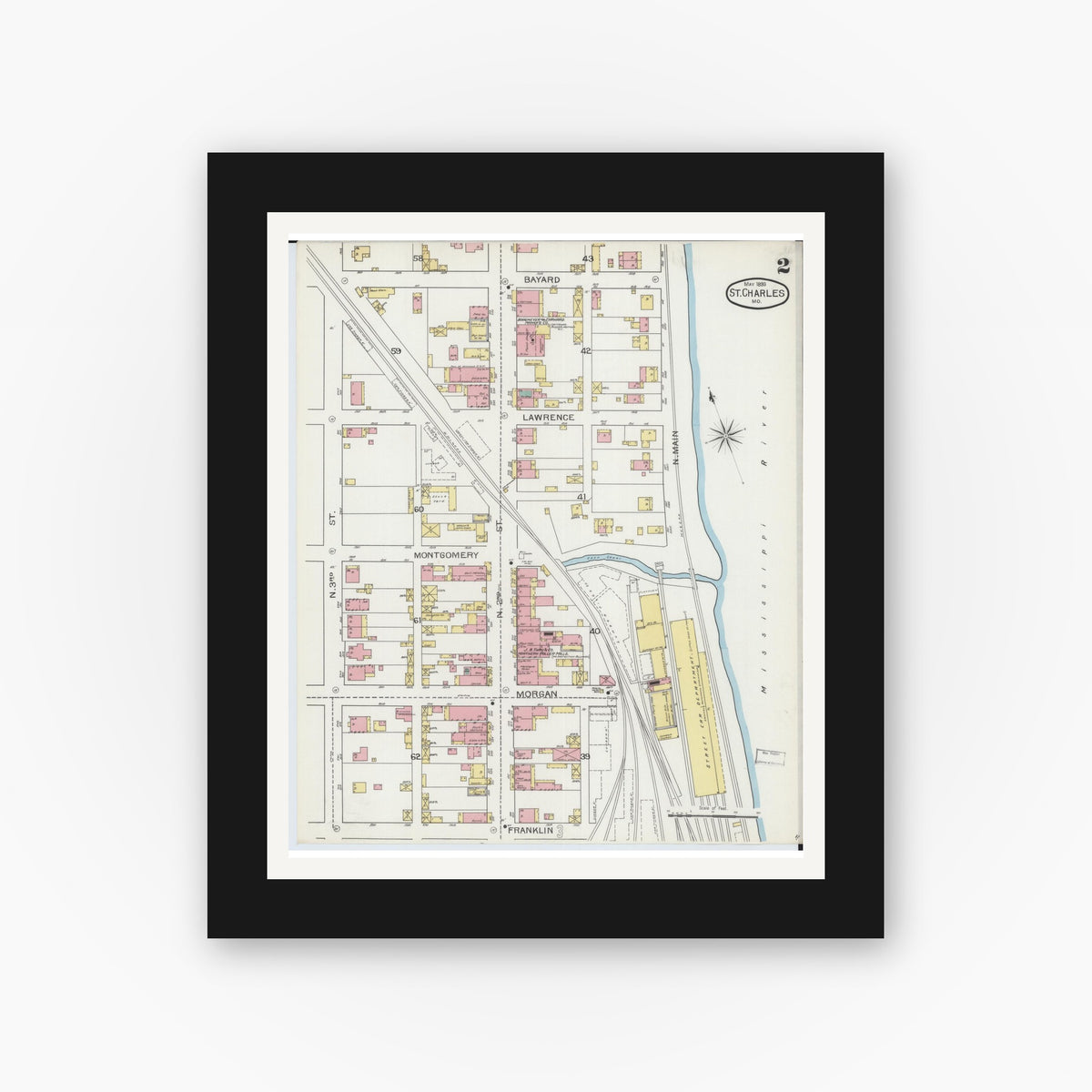 Old map wall art mockup — black gallery frame with white mat — Sanborn Fire Insurance Map from Saint Charles, Saint Charles County, Missouri (1893), Sheet #0002