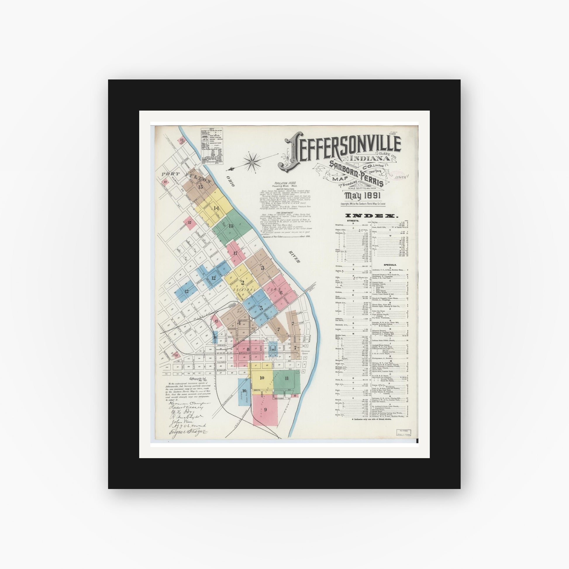 Old map wall art mockup — black gallery frame with white mat — Sanborn Fire Insurance Map from Jeffersonville, Clark County, Indiana (1891), Sheet #0001