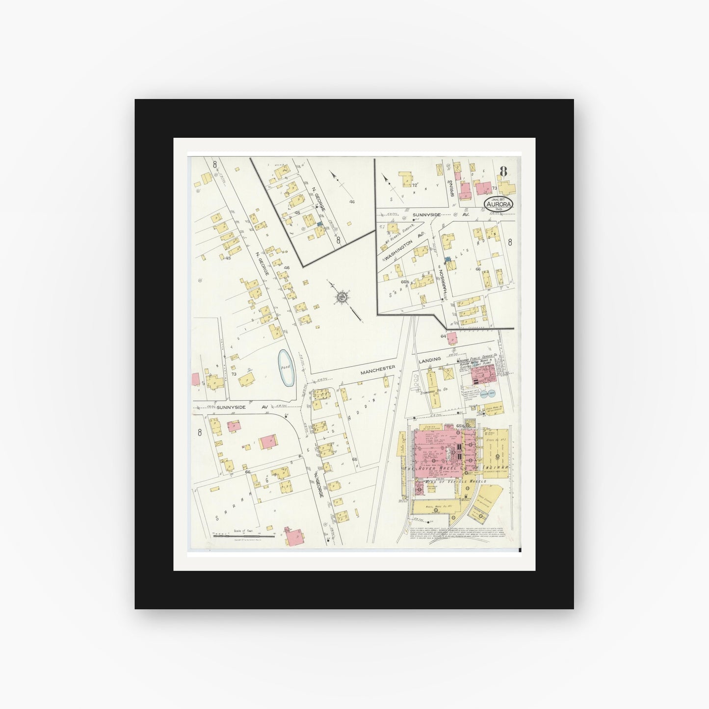 Old map wall art mockup — black gallery frame with white mat — Sanborn Fire Insurance Map from Aurora, Dearborn County, Indiana (1917), Sheet #0008