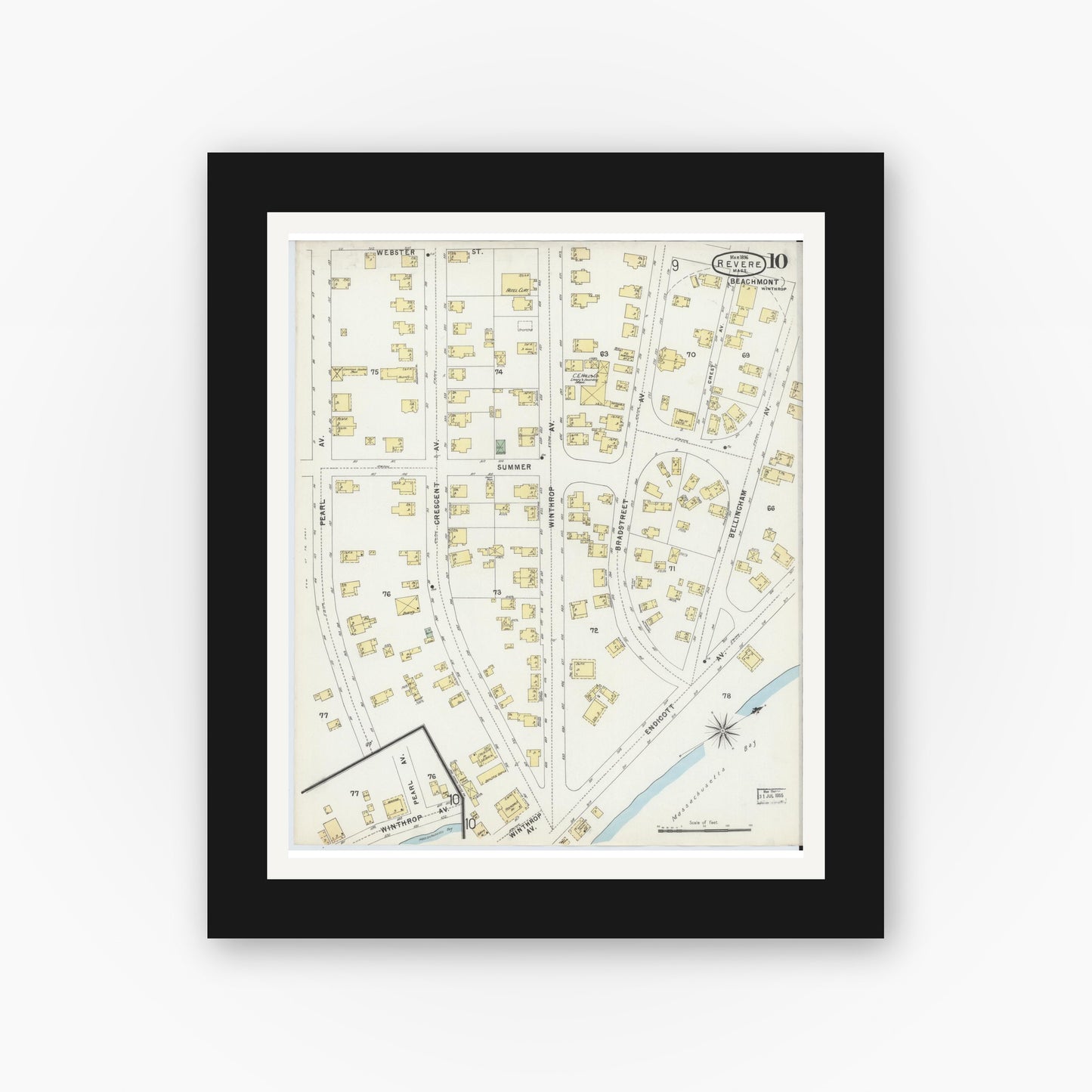 Old map wall art mockup — black gallery frame with white mat — Sanborn Fire Insurance Map from Revere, Suffolk County, Massachusetts (1896), Sheet #0010