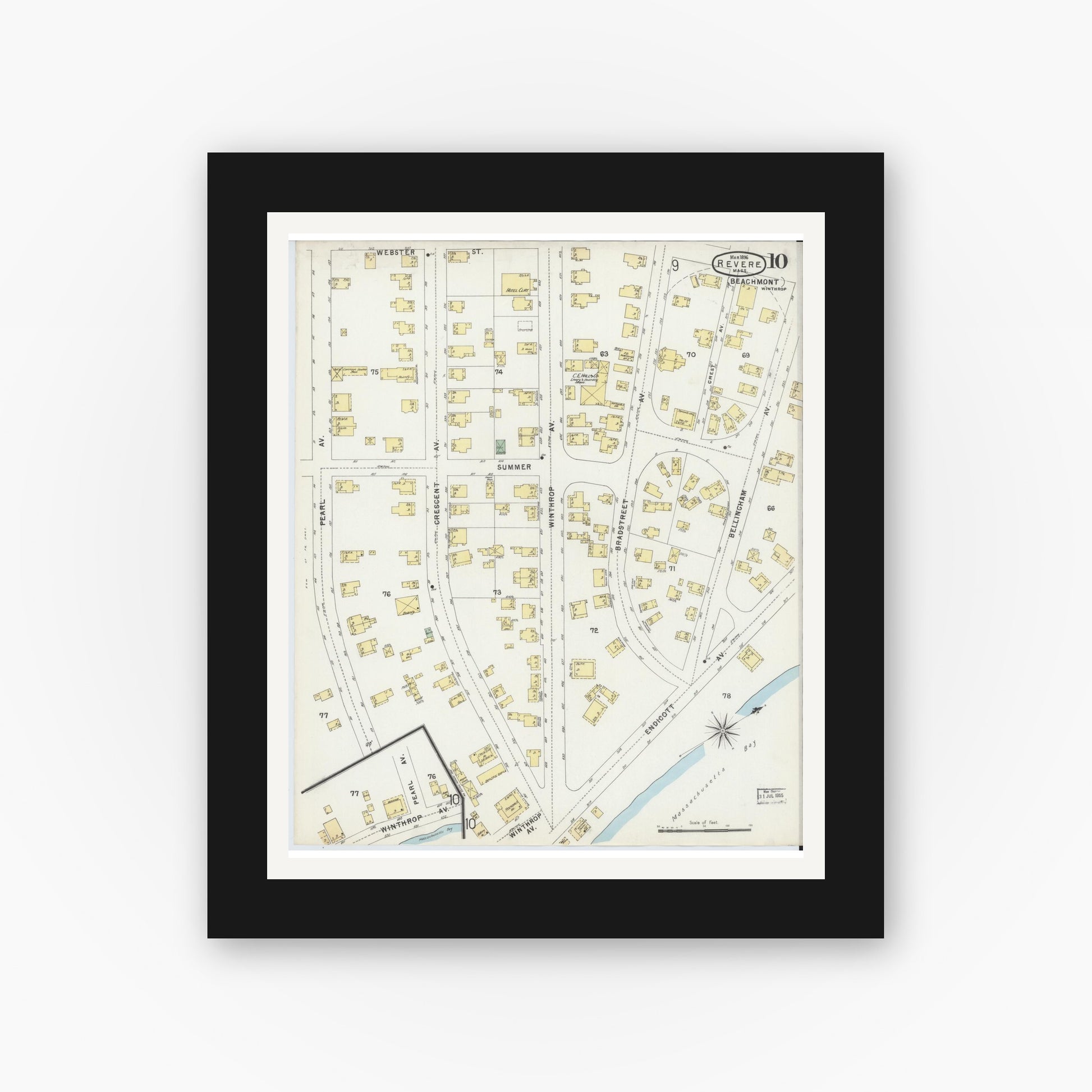 Old map wall art mockup — black gallery frame with white mat — Sanborn Fire Insurance Map from Revere, Suffolk County, Massachusetts (1896), Sheet #0010