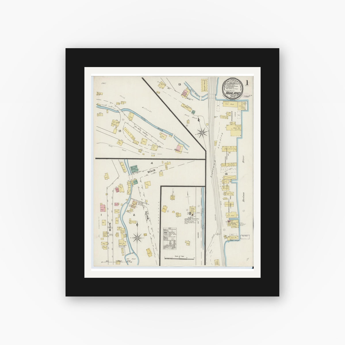 Old map wall art mockup — black gallery frame with white mat — Sanborn Fire Insurance Map from Highland, Ulster County, New York (1887) - Complete Map Set