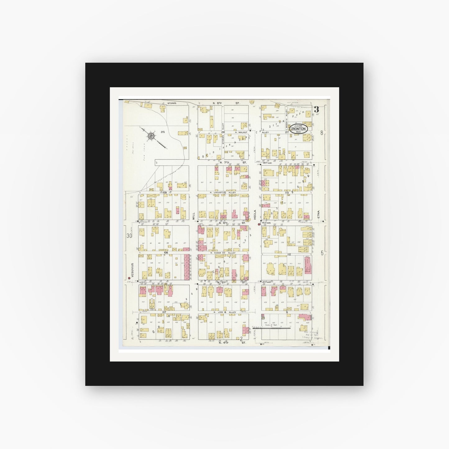Old map wall art mockup — black gallery frame with white mat — Sanborn Fire Insurance Map from Ironton, Lawrence County, Ohio (1916), Sheet #0003