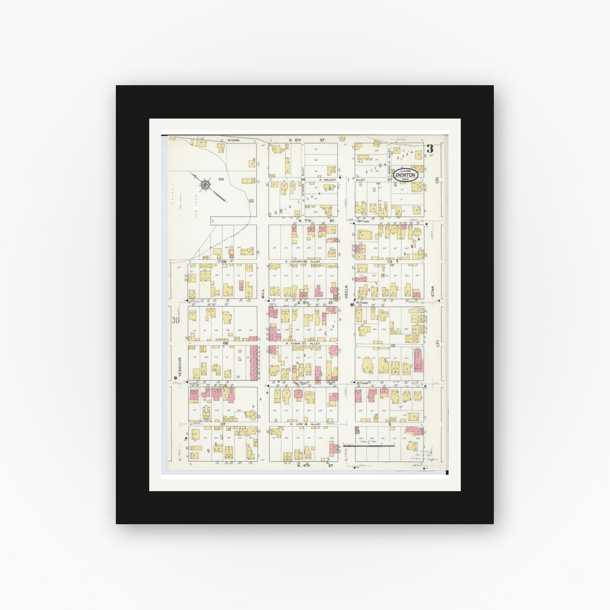 Old map wall art mockup — black gallery frame with white mat — Sanborn Fire Insurance Map from Ironton, Lawrence County, Ohio (1916), Sheet #0003