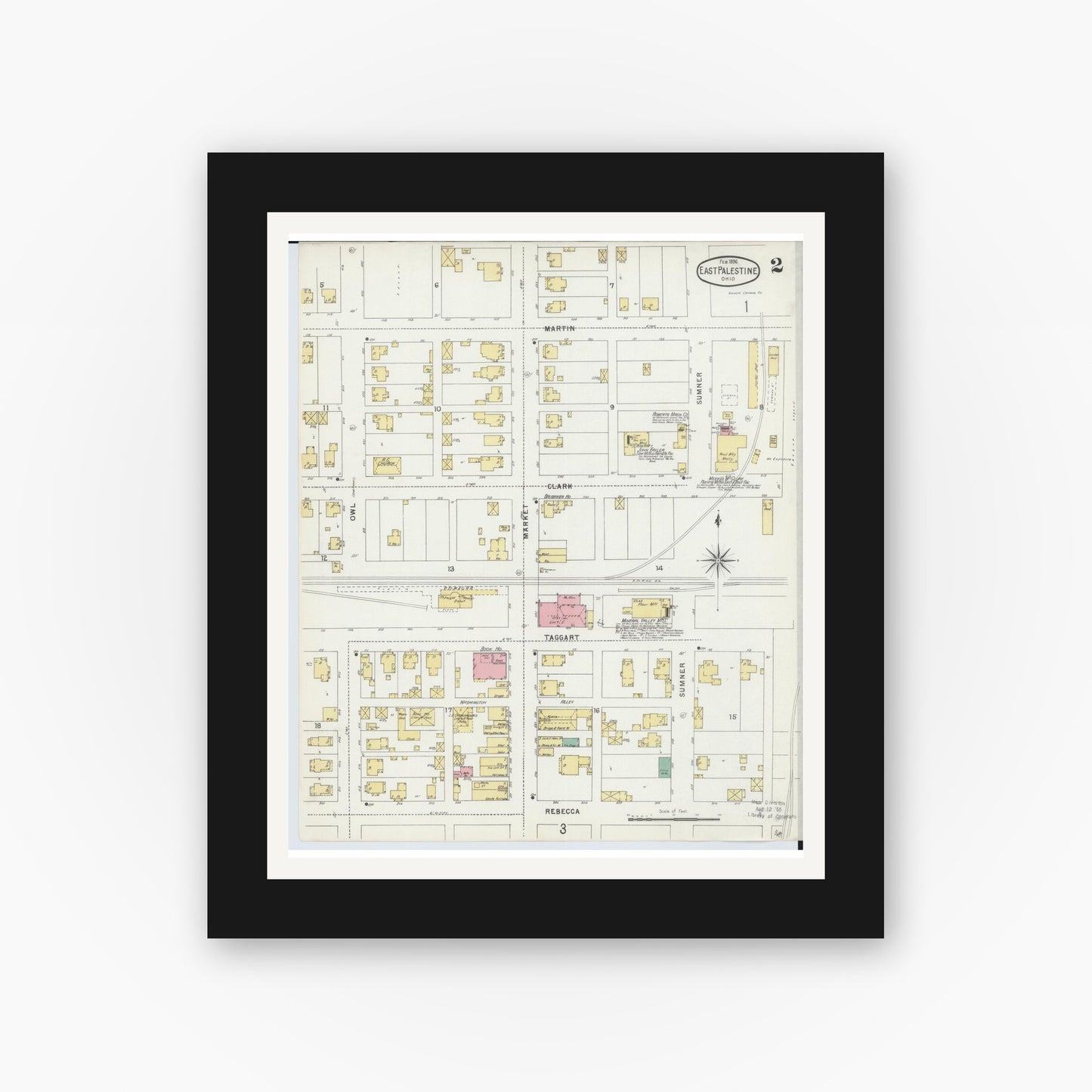 Old map wall art mockup — black gallery frame with white mat — Sanborn Fire Insurance Map from East Palestine, Columbiana County, Ohio (1896), Sheet #0002