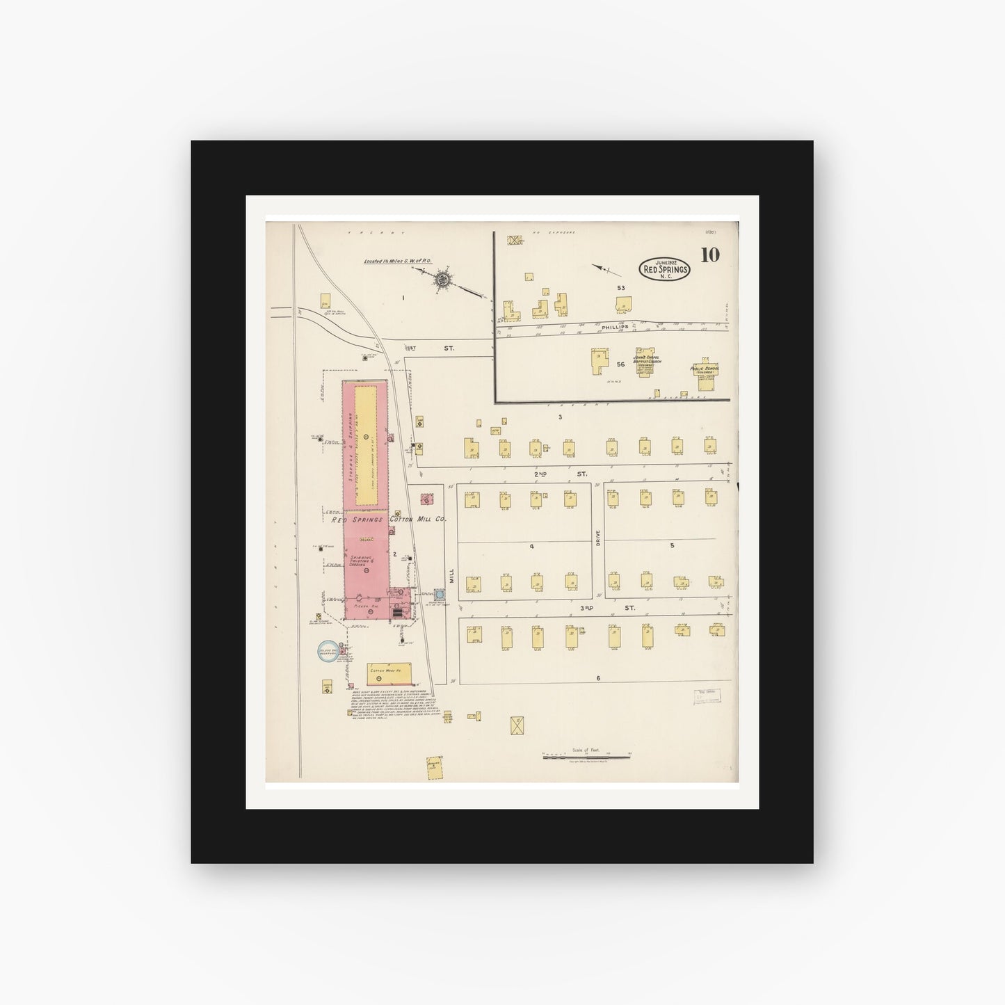Old map wall art mockup — black gallery frame with white mat — Sanborn Fire Insurance Map from Red Springs, Robeson County, North Carolina (1922), Sheet #0010