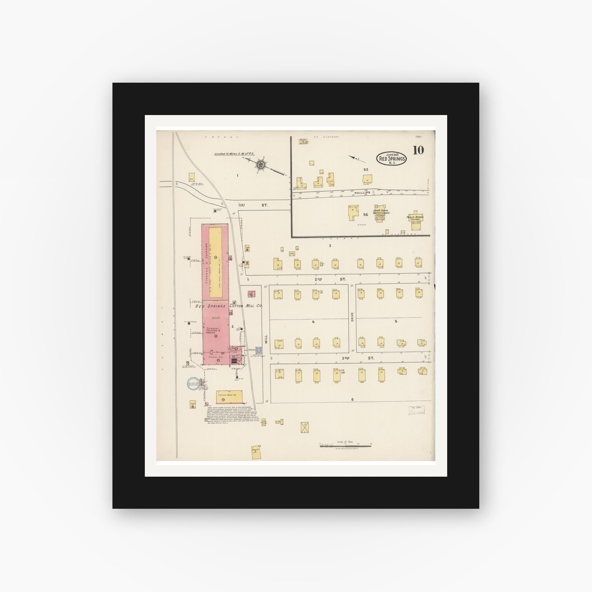 Old map wall art mockup — black gallery frame with white mat — Sanborn Fire Insurance Map from Red Springs, Robeson County, North Carolina (1922), Sheet #0010
