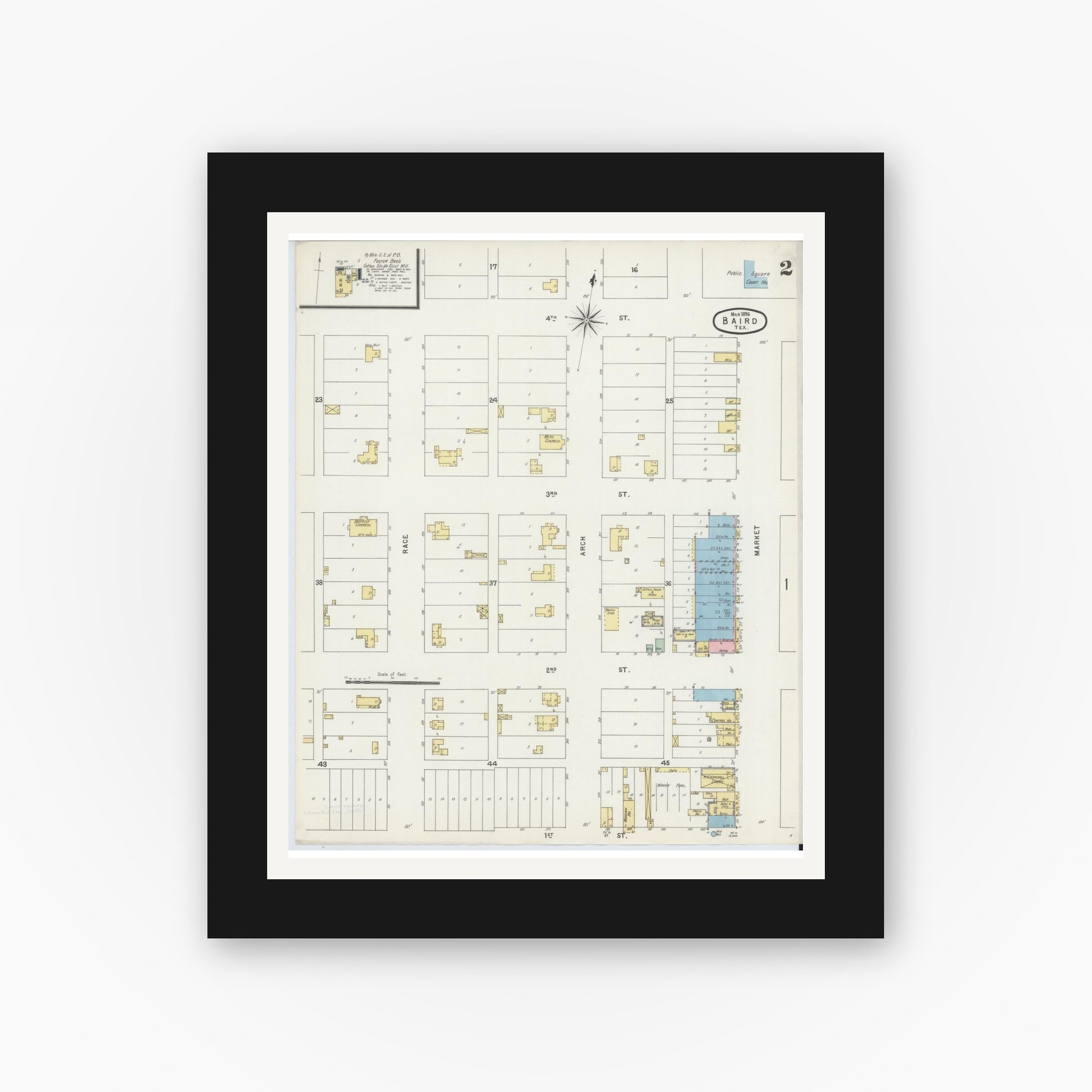 Old map wall art mockup — black gallery frame with white mat — Sanborn Fire Insurance Map from Baird, Callahan County, Texas (1896), Sheet #0002