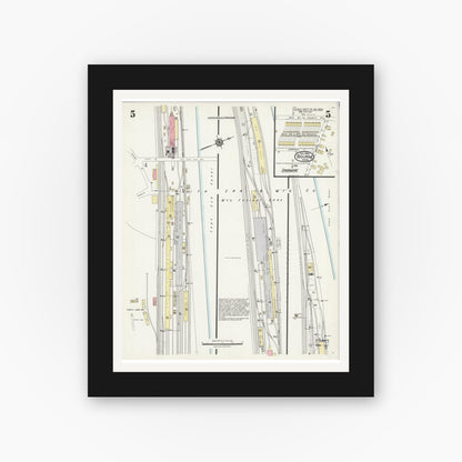Old map wall art mockup — black gallery frame with white mat — Sanborn Fire Insurance Map from Bourne, Barnstable County, Massachusetts (1924), Sheet #0005