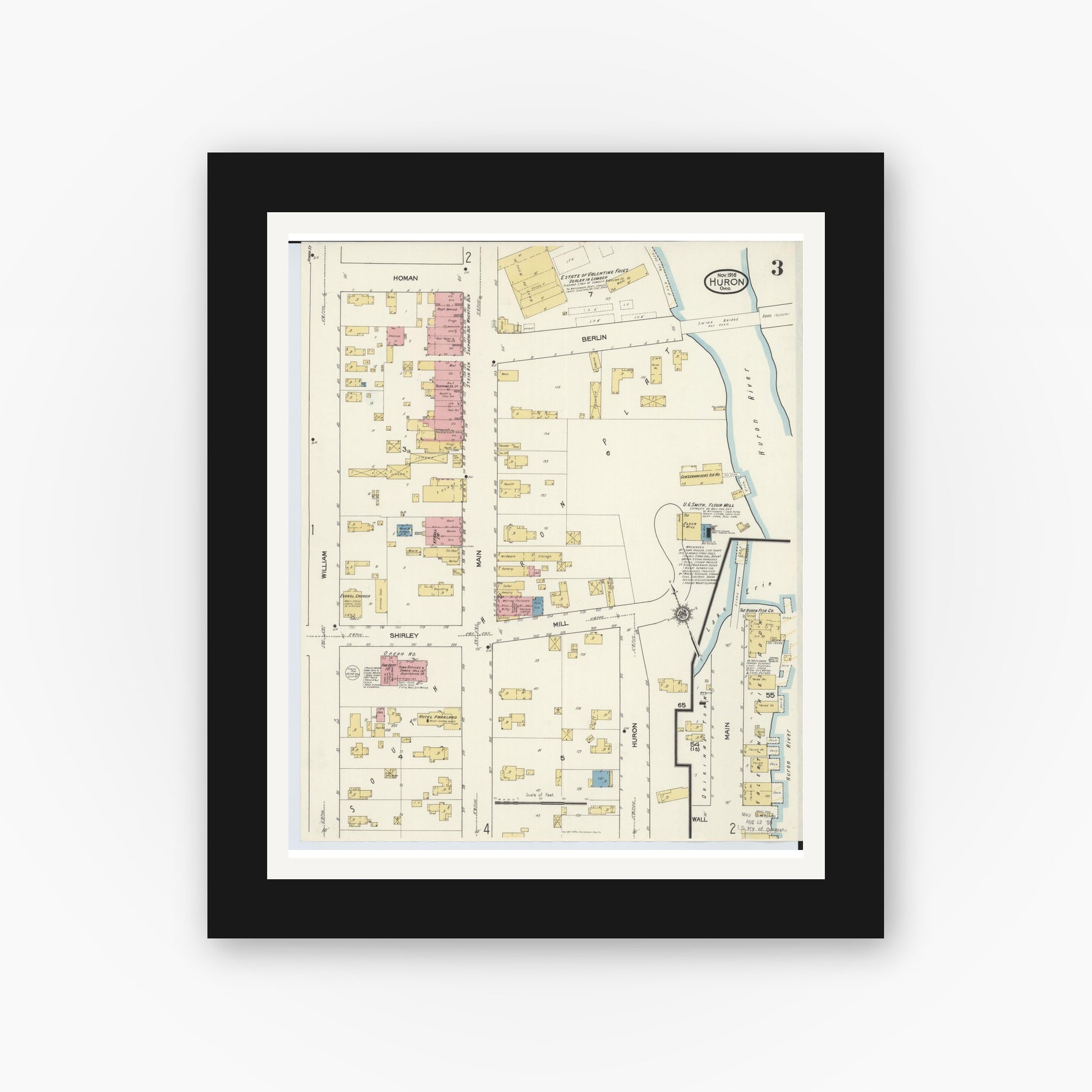 Old map wall art mockup — black gallery frame with white mat — Sanborn Fire Insurance Map from Huron, Erie County, Ohio (1916), Sheet #0003