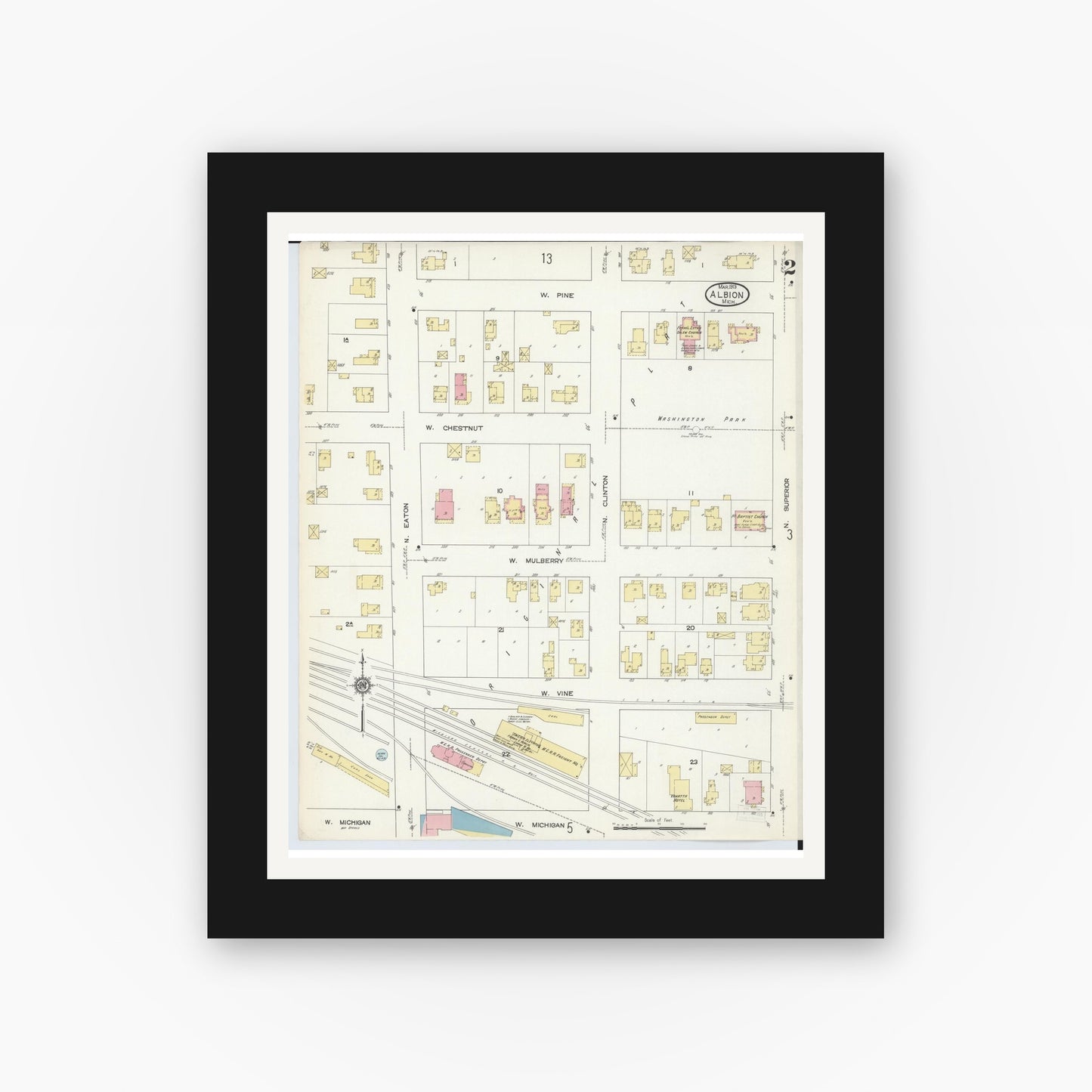 Old map wall art mockup — black gallery frame with white mat — Sanborn Fire Insurance Map from Albion, Calhoun County, Michigan (1913), Sheet #0002