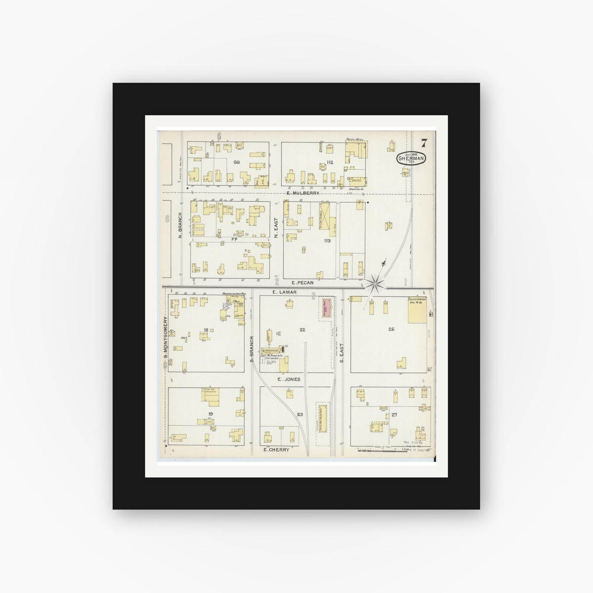 Old map wall art mockup — black gallery frame with white mat — Sanborn Fire Insurance Map from Sherman, Grayson County, Texas (1892), Sheet #0007