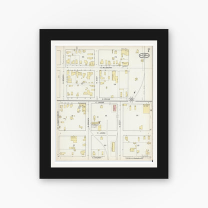 Old map wall art mockup — black gallery frame with white mat — Sanborn Fire Insurance Map from Sherman, Grayson County, Texas (1892), Sheet #0007