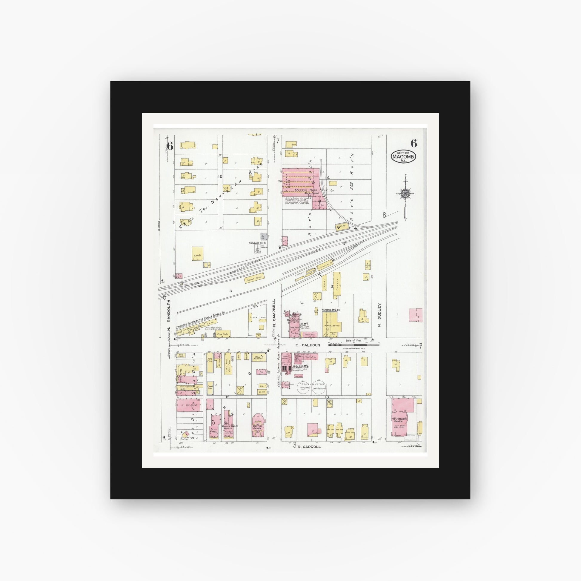 Old map wall art mockup — black gallery frame with white mat — Sanborn Fire Insurance Map from Macomb, Mcdonough County, Illinois (1924), Sheet #0006