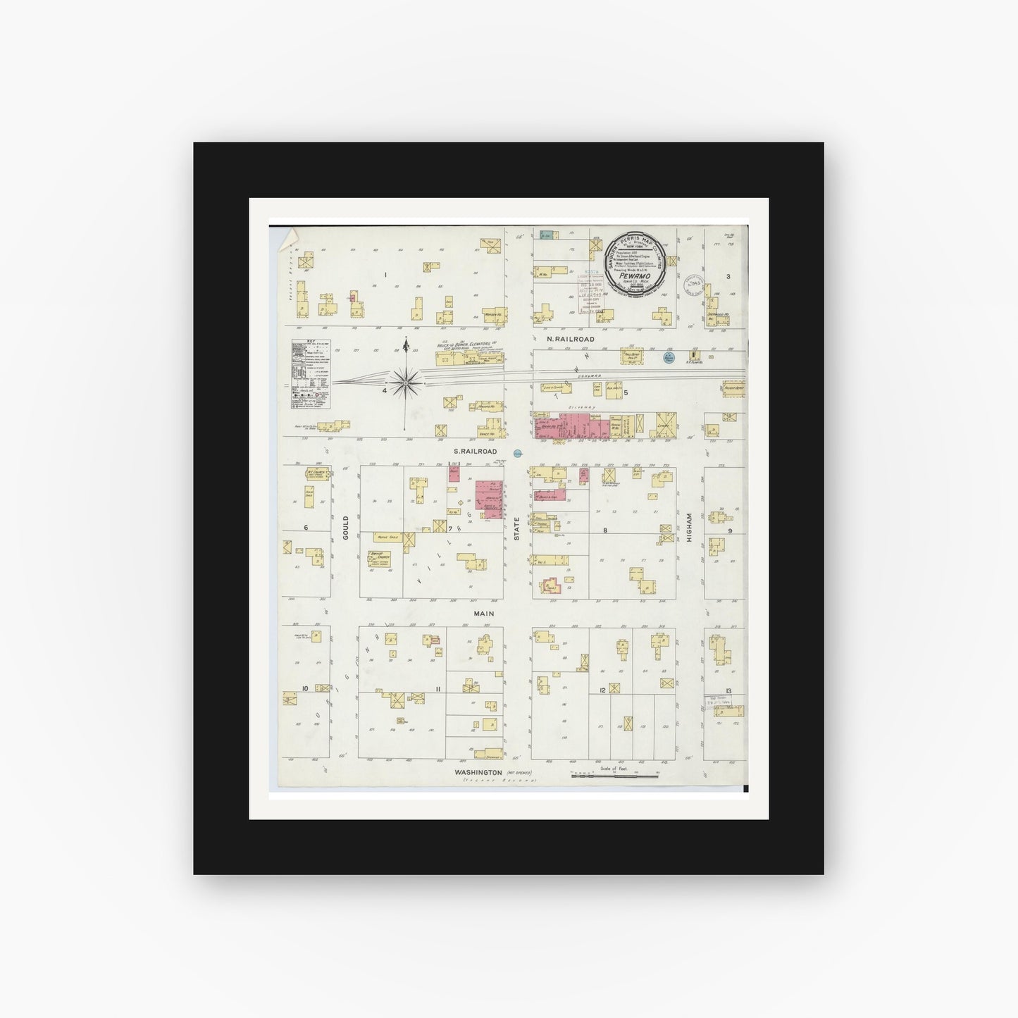 Old map wall art mockup — black gallery frame with white mat — Sanborn Fire Insurance Map from Pewamo, Ionia County, Michigan (1900), Sheet #0001