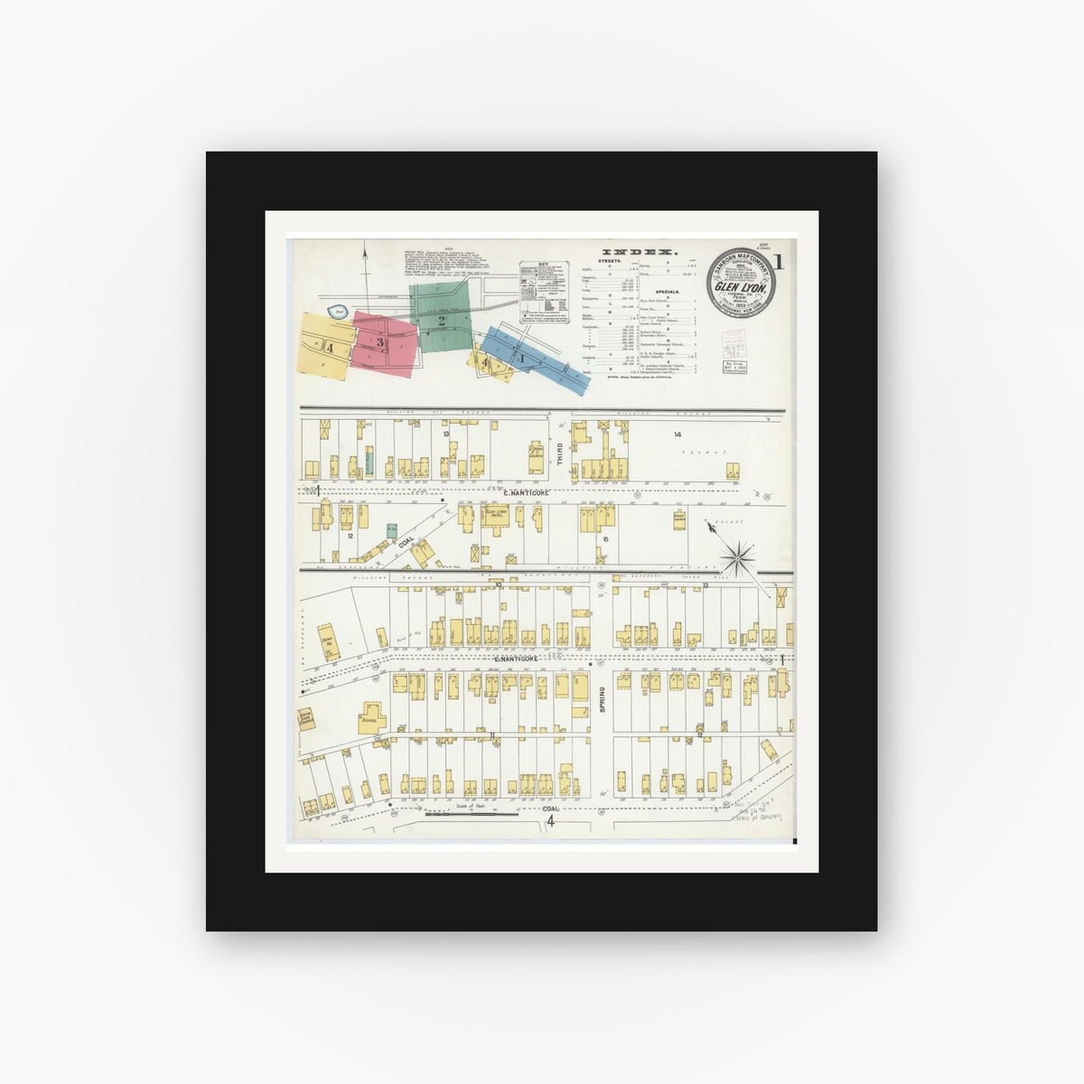 Old map wall art mockup — black gallery frame with white mat — Sanborn Fire Insurance Map from Glen Lyon, Luzerne County, Pennsylvania (1903) - Complete Map Set