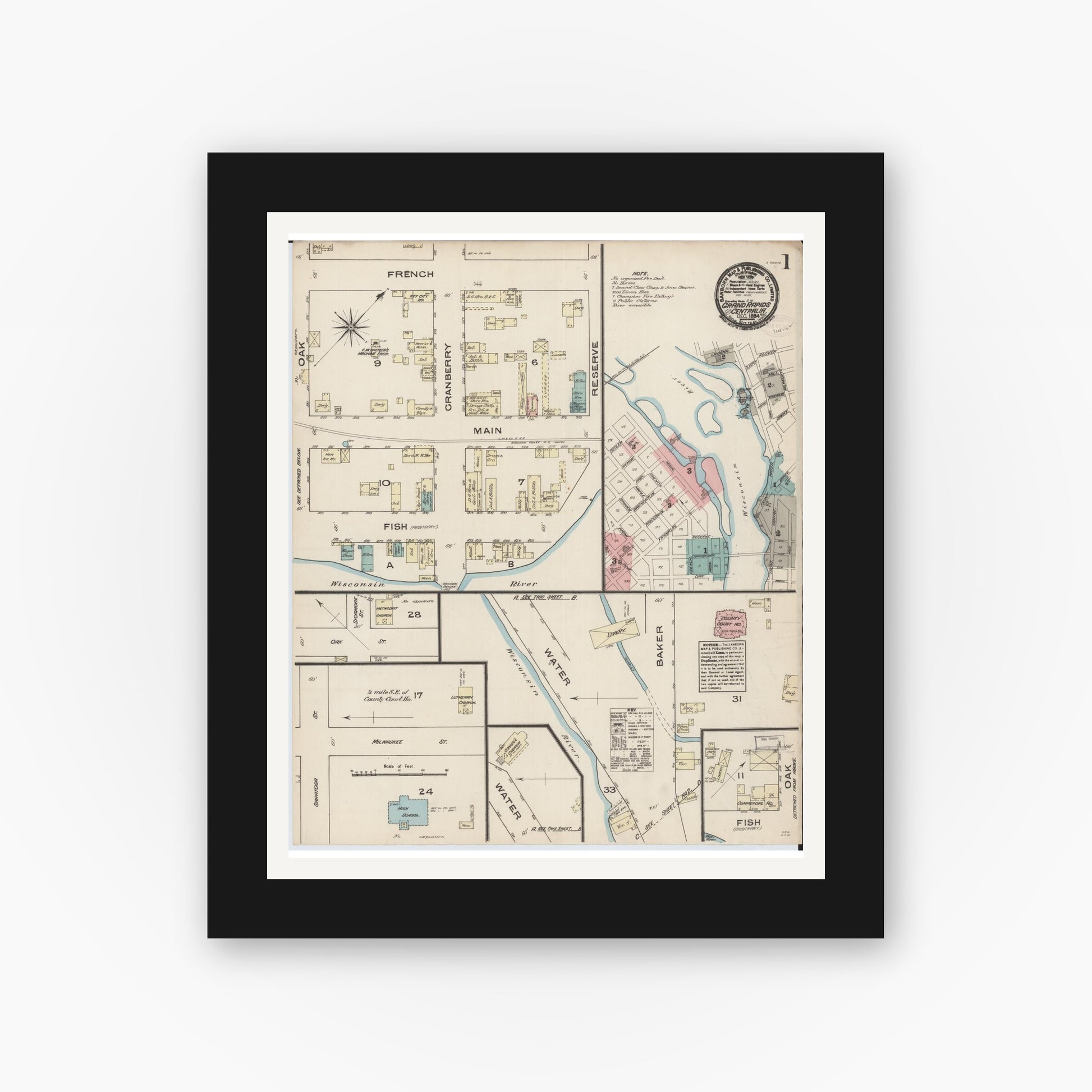 Old map wall art mockup — black gallery frame with white mat — Sanborn Fire Insurance Map from Grand Rapids, Wood County, Wisconsin (1884) - Complete Map Set