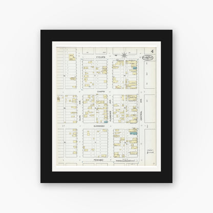 Old map wall art mockup — black gallery frame with white mat — Sanborn Fire Insurance Map from Florence, Florence County, Wisconsin (1891), Sheet #0004
