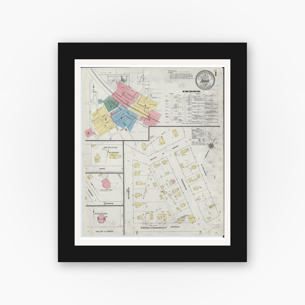 Old map wall art mockup — black gallery frame with white mat — Sanborn Fire Insurance Map from Anna, Union County, Illinois (1910) - Complete Map Set