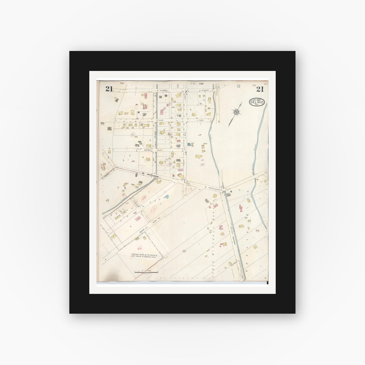 Old map wall art mockup — black gallery frame with white mat — Sanborn Fire Insurance Map from Del Rio, Val Verde County, Texas (1948), Sheet #0021