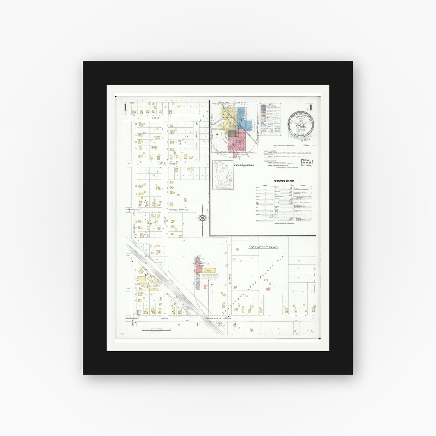 Old map wall art mockup — black gallery frame with white mat — Sanborn Fire Insurance Map from Yale, Saint Clair County, Michigan (1937), Sheet #0001