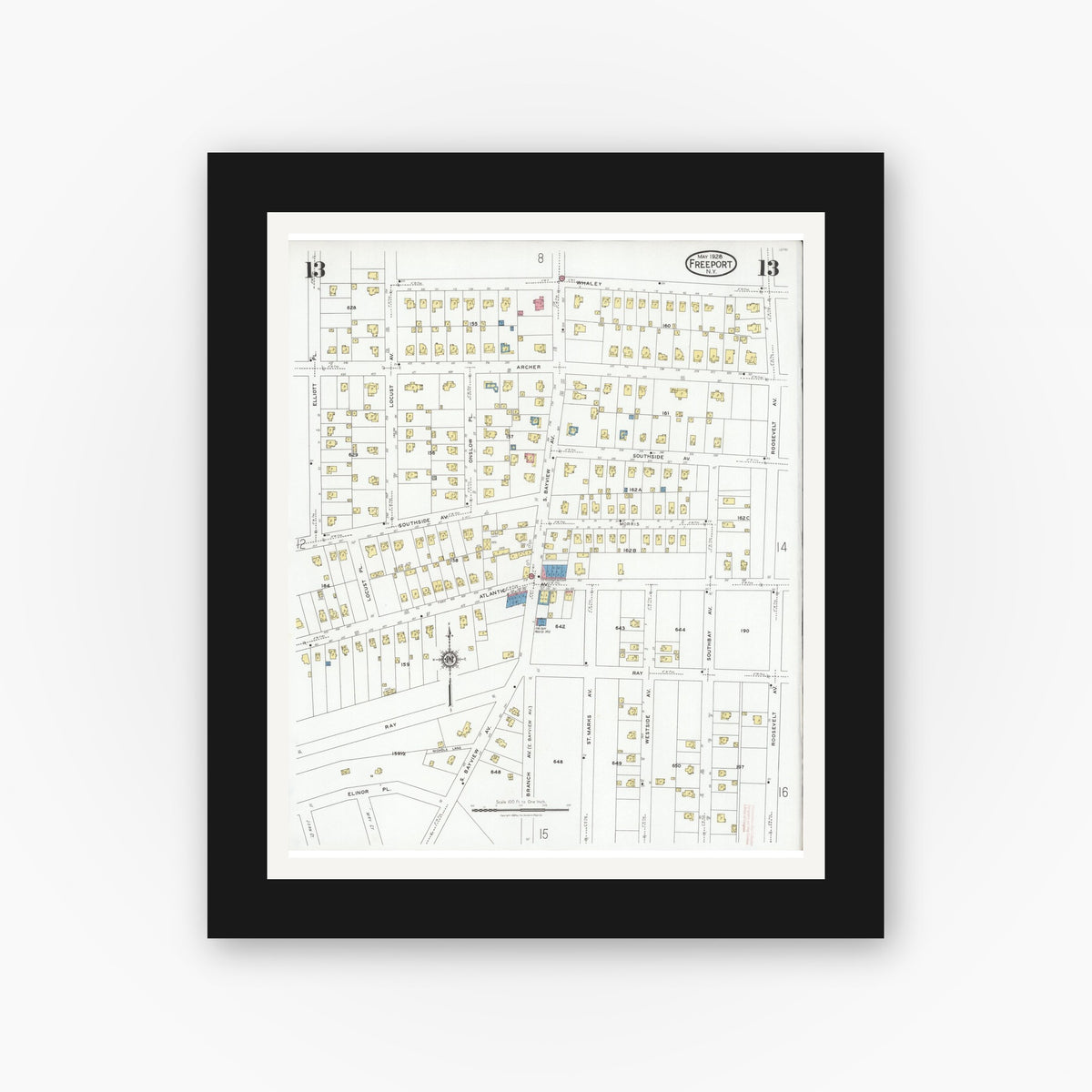 Old map wall art mockup — black gallery frame with white mat — Sanborn Fire Insurance Map from Freeport, Nassau County, New York (1928), Sheet #0013