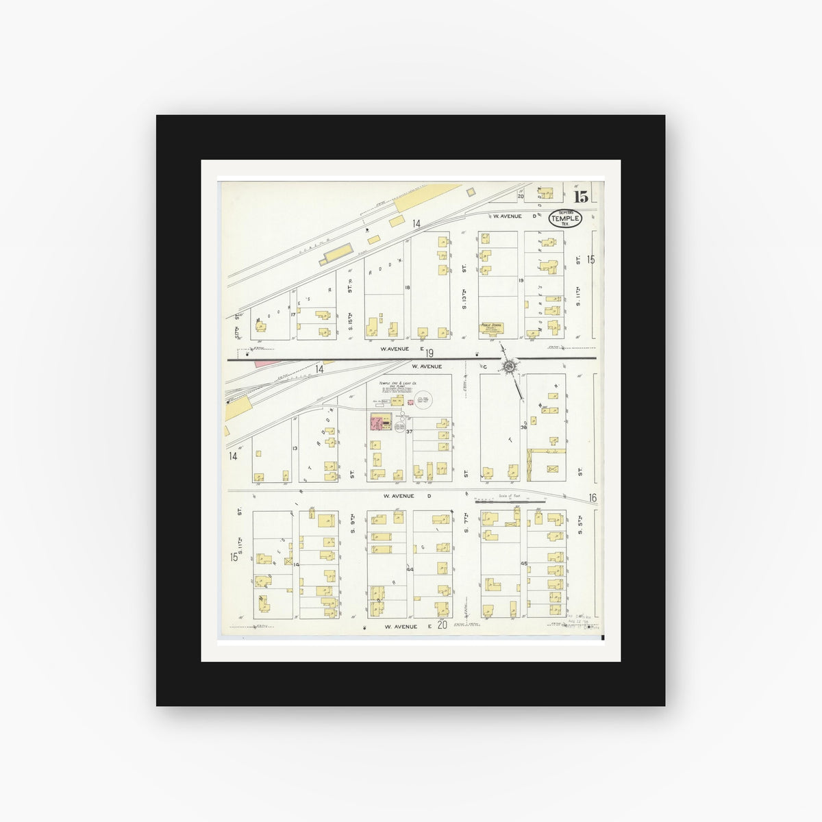 Old map wall art mockup — black gallery frame with white mat — Sanborn Fire Insurance Map from Temple, Bell County, Texas (1915), Sheet #0015