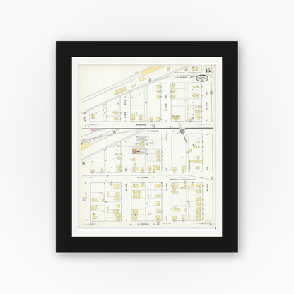 Old map wall art mockup — black gallery frame with white mat — Sanborn Fire Insurance Map from Temple, Bell County, Texas (1915), Sheet #0015