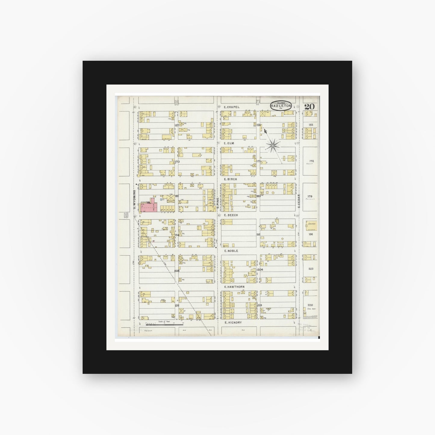 Old map wall art mockup — black gallery frame with white mat — Sanborn Fire Insurance Map from Hazleton, Luzerne County, Pennsylvania (1895), Sheet #0020