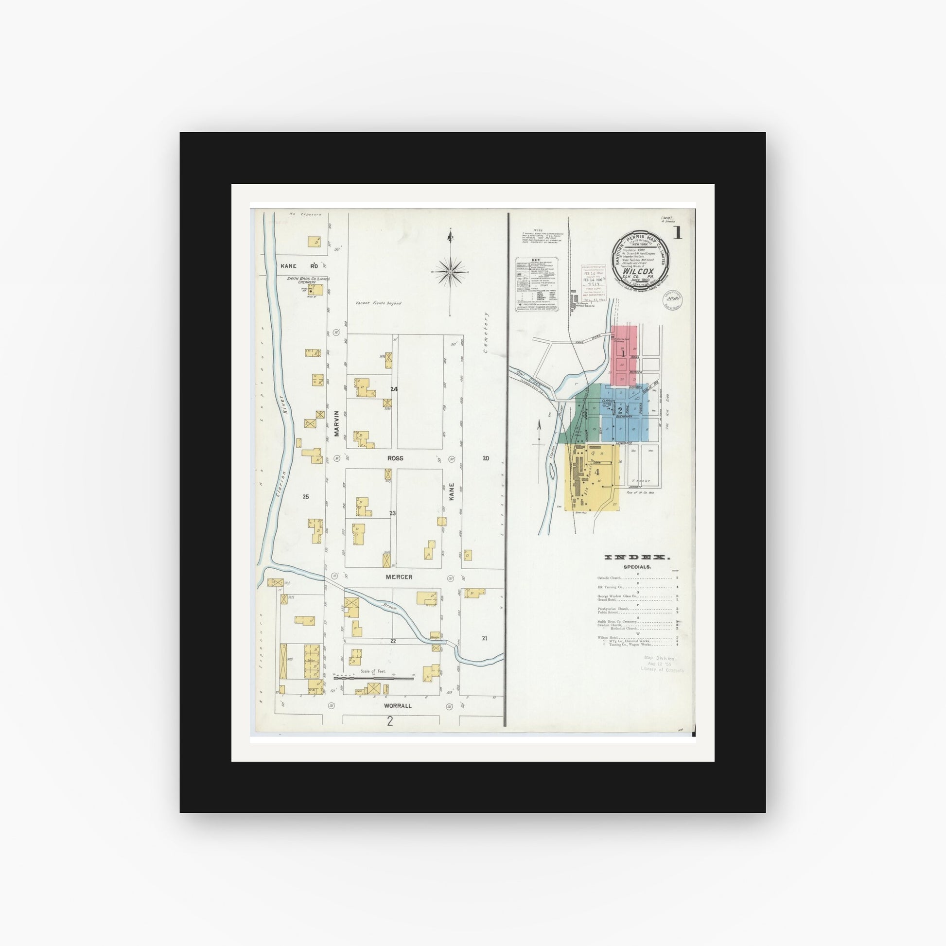 Old map wall art mockup — black gallery frame with white mat — Sanborn Fire Insurance Map from Wilcox, Elk County, Pennsylvania (1900) - Complete Map Set