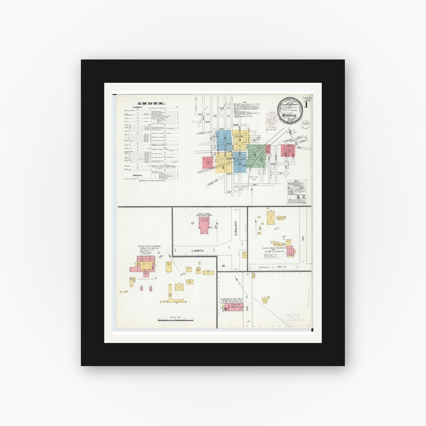 Old map wall art mockup — black gallery frame with white mat — Sanborn Fire Insurance Map from Wilmington, Clinton County, Ohio (1900), Sheet #0001