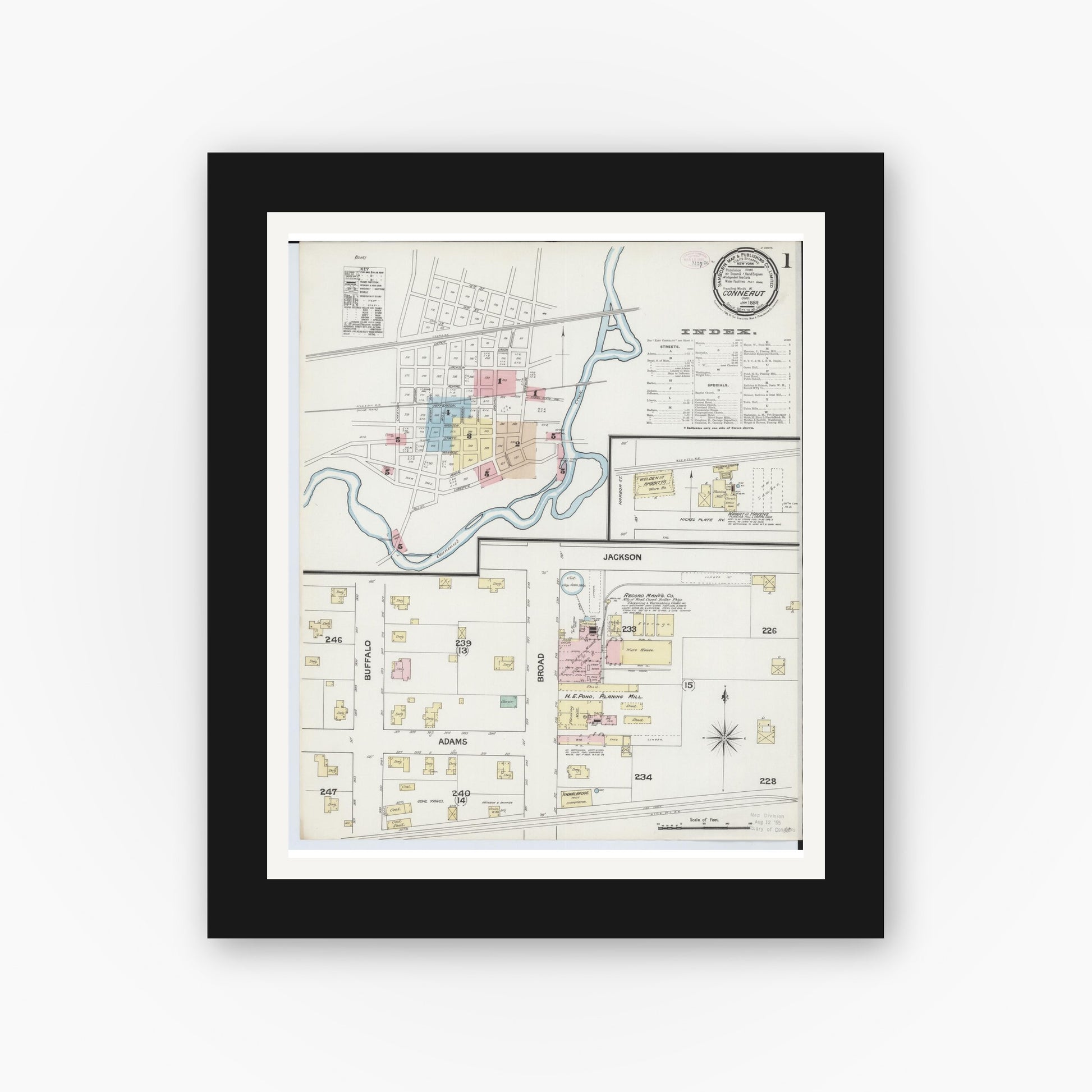 Old map wall art mockup — black gallery frame with white mat — Sanborn Fire Insurance Map from Conneaut, Ashtabula County, Ohio (1889) - Complete Map Set