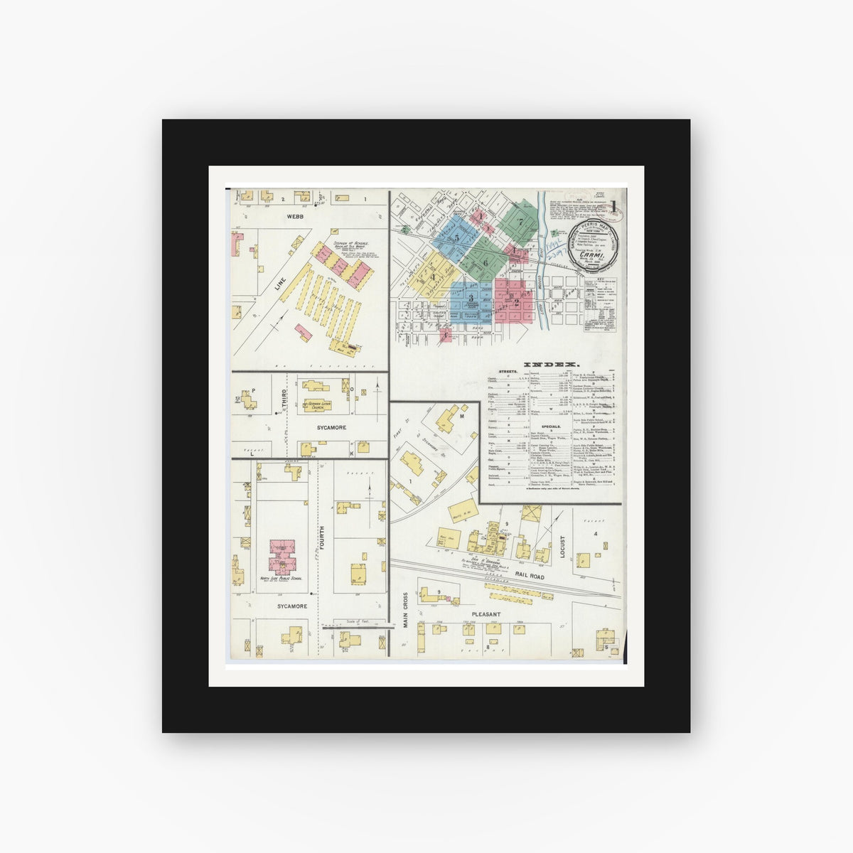 Old map wall art mockup — black gallery frame with white mat — Sanborn Fire Insurance Map from Carmi, White County, Illinois (1899) - Complete Map Set