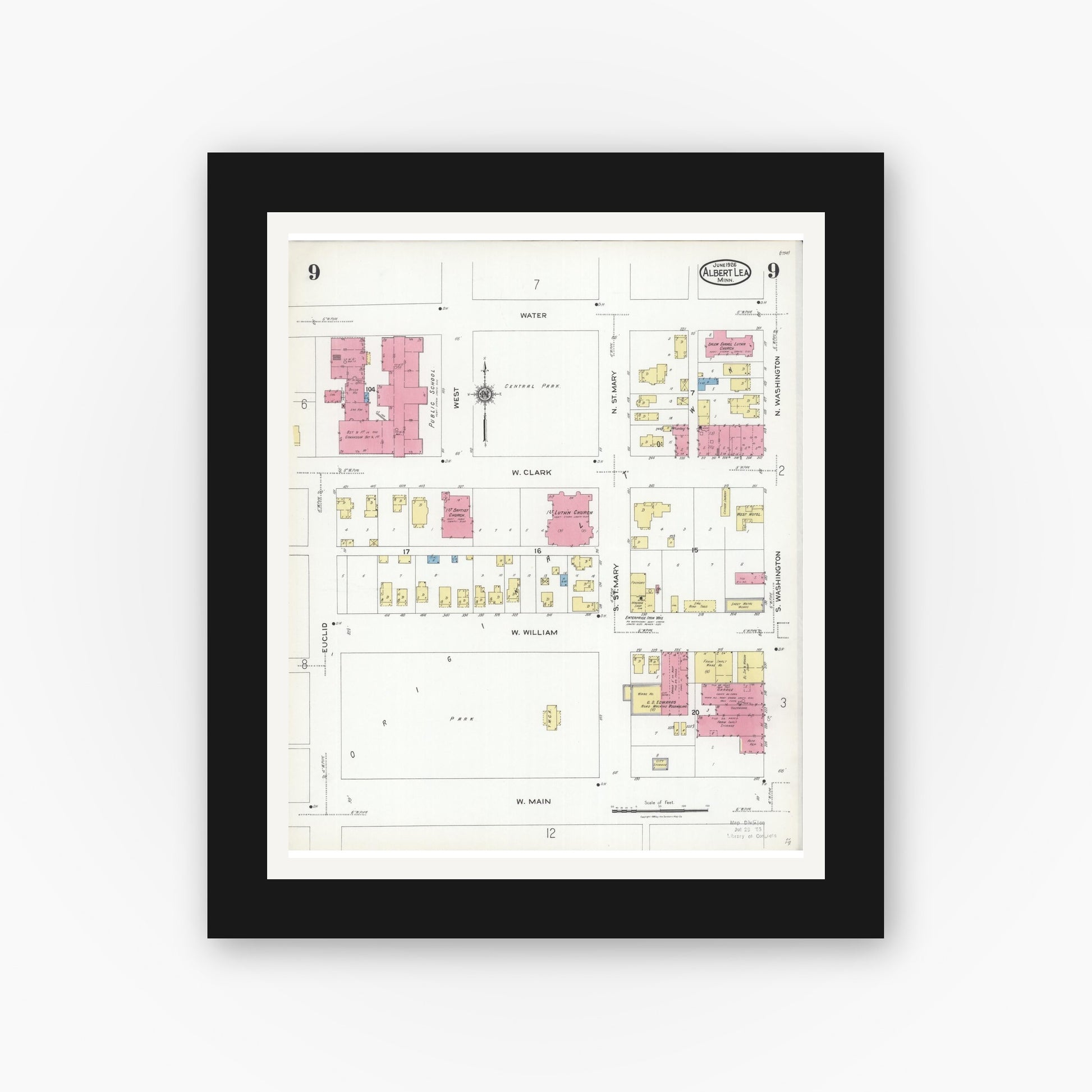 Old map wall art mockup — black gallery frame with white mat — Sanborn Fire Insurance Map from Albert Lea, Freeborn County, Minnesota (1926), Sheet #0009