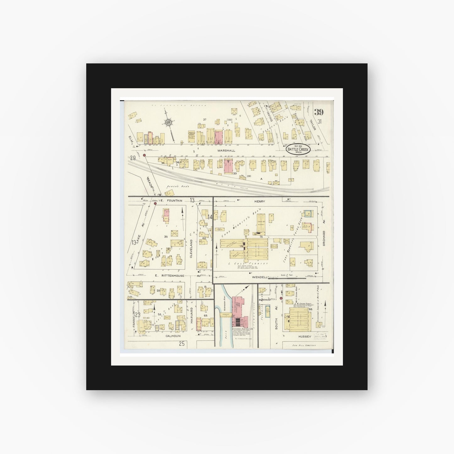 Old map wall art mockup — black gallery frame with white mat — Sanborn Fire Insurance Map from Battle Creek, Calhoun County, Michigan (1913), Sheet #0039